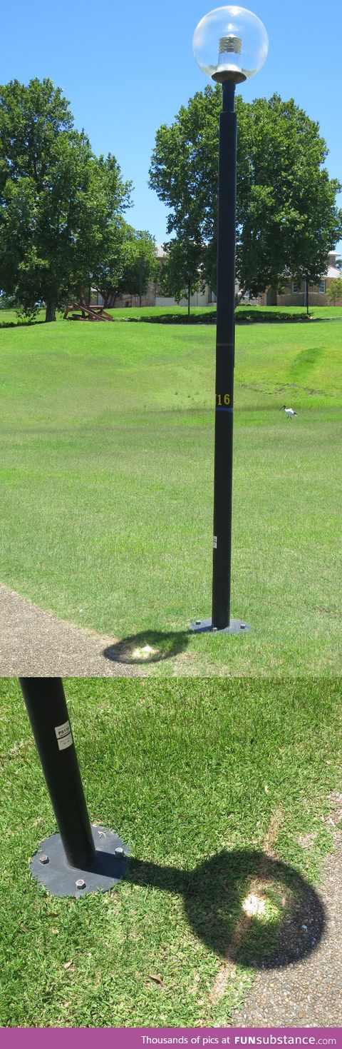 This lamppost focuses the sun and scorches a line in the grass