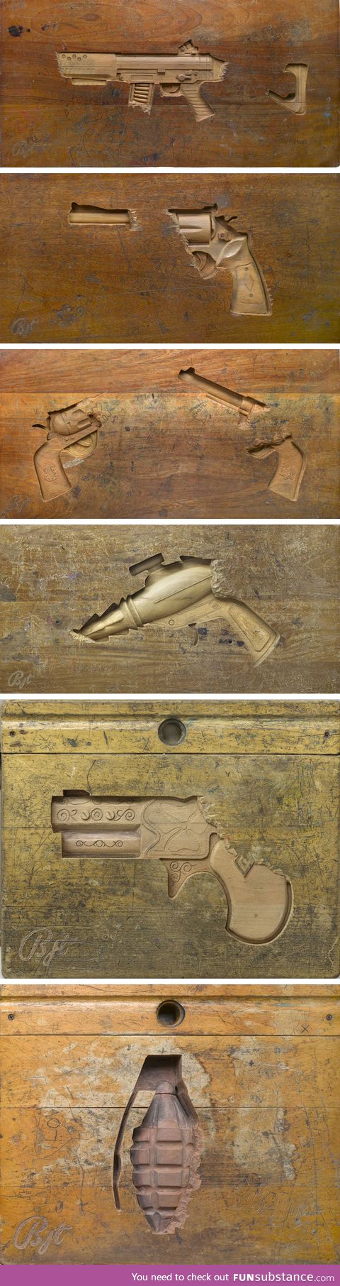 Guns carved into wooden school desks