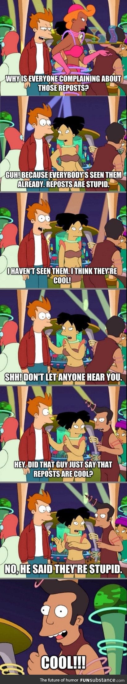 Fry and Amy talk reposts