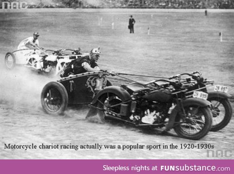 Absolutely badass pic of a motorcycle chariot race in the 30's