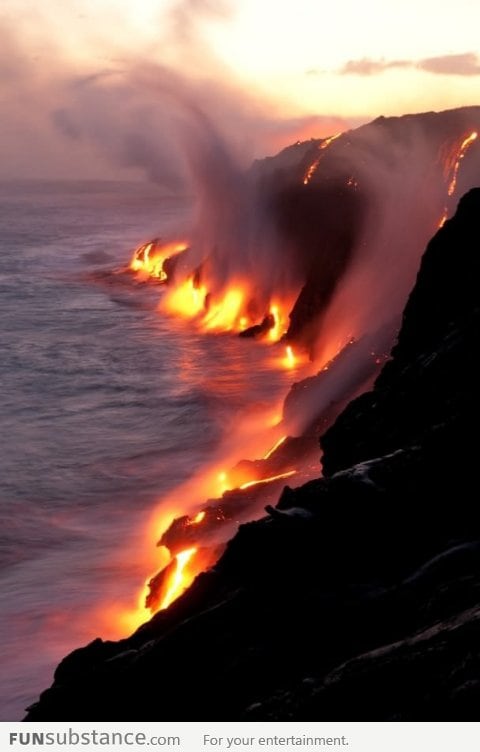 Active lava flows touching the ocean, Hawaii