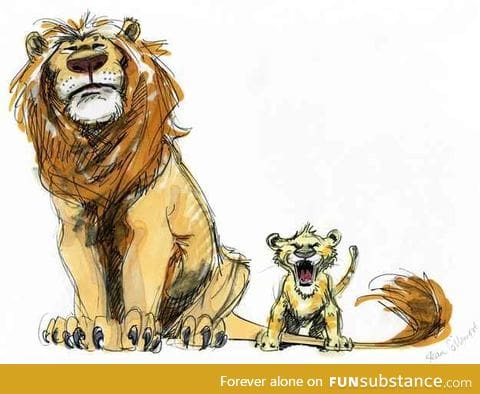 Early sketch of Mufasa and Simba