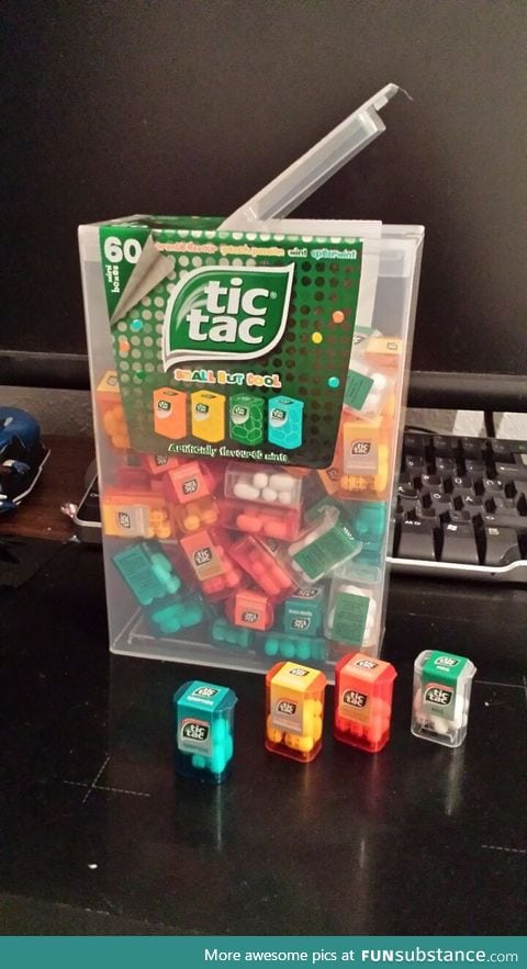 A giant tic tac box filled with tiny tic tac boxes