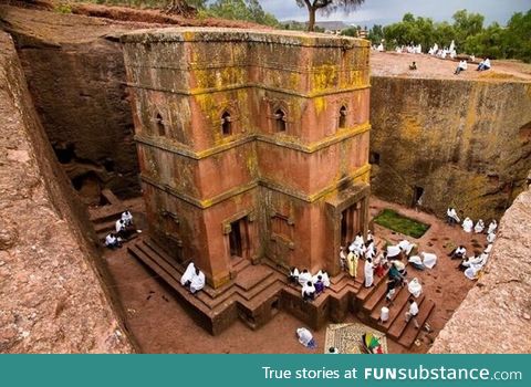 Church cut into volcanic rock in Ethiopia