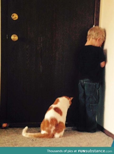 Kid was put into time out. The cat decided to join him