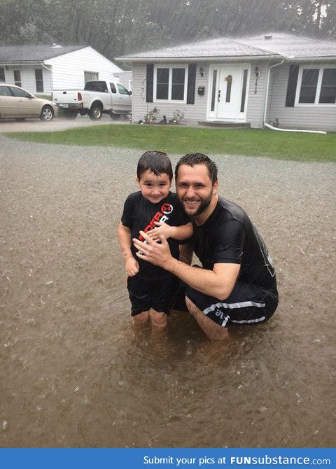 "My son was sad when the rain ruined our plans. So we went out to play in the rain"