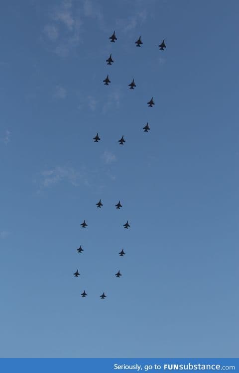 20 F16s flying in a "50" formation