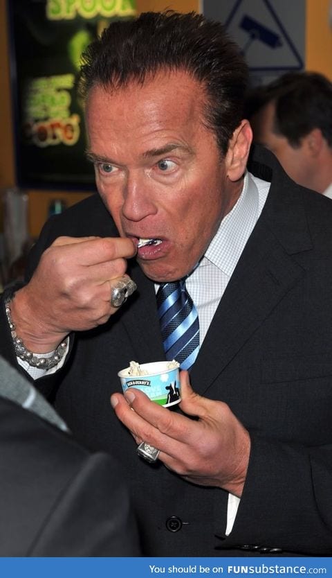 Schwarzenegger with a tiny Ben and Jerry's