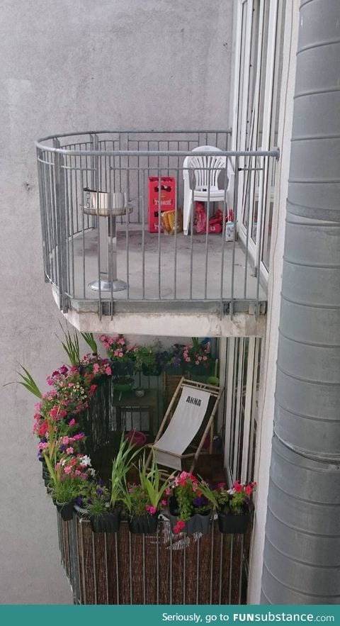 Top: Apartment's balcony (2 guys). Bottom: neighbor's balcony (2 girls)