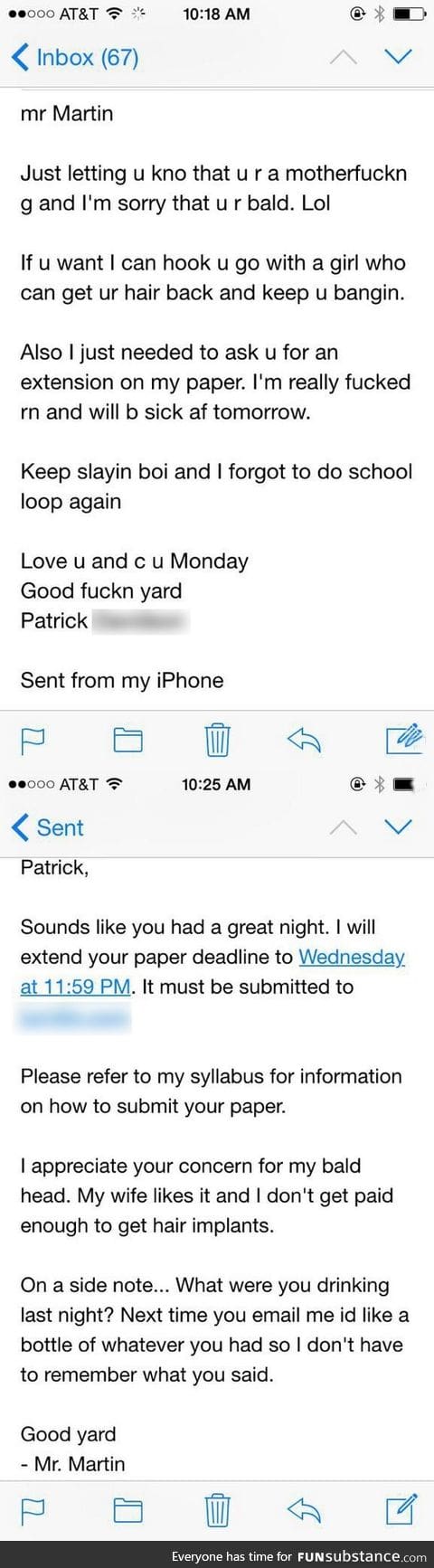 A student emails his professor while drunk. The reply is so chill