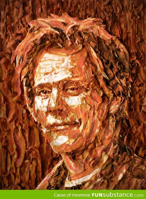 Portrait of Kevin Bacon made of bacon