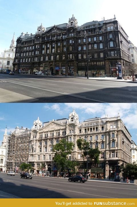 Decades of filth washed away from an old building in Budapest, Hungary