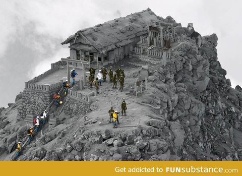Japanese mountain shrine following volcanic eruption