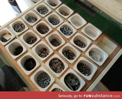 Yogurt containers to separate nails in the tools drawer