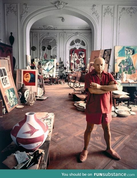 Pablo Picasso chillin' at his home studio in France ~1956