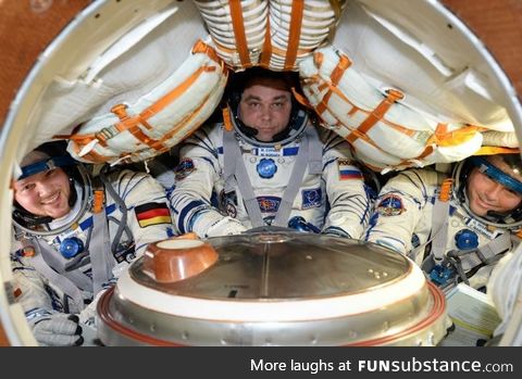 Astronauts returning home from the ISS aboard a not so spacious Soyuz capsule