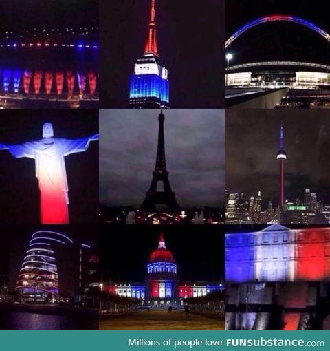 Landmarks lit up to support France