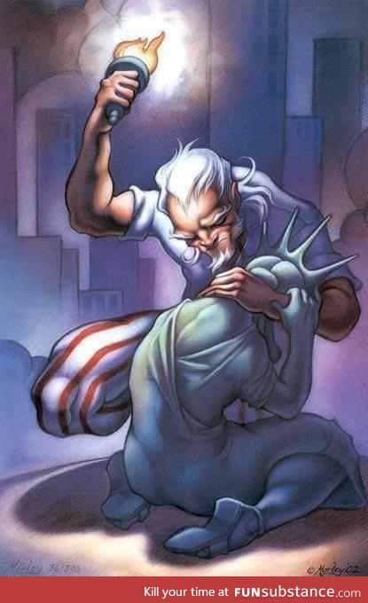 Uncle Sam comforting lady liberty