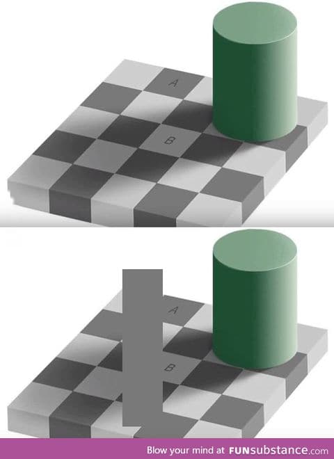 Optical illusion - The squares A and B have the same color! Amazing!