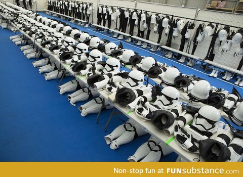 Star Wars The Force Awakens Stormtrooper costumes lined up from behind the scenes
