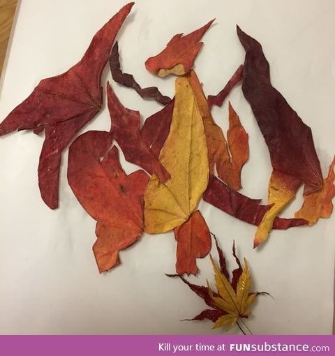 Charizard made from autumn leaves