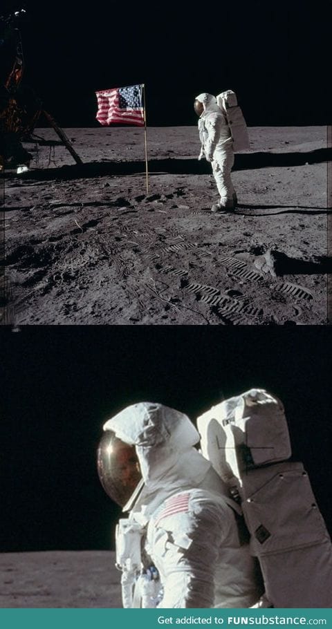 Amazing shot from Apollo 11. You can see the astronaut looking at the photographer