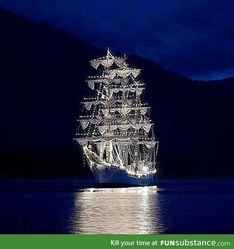 A sailboat all decked out for Christmas in Garibaldi, Oregon