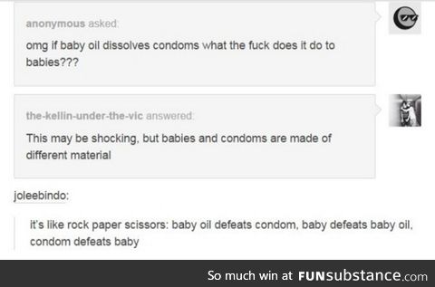 Baby, oil and condom