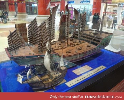 Size comparison between the Santa Maria and Chinese explorer Zheng He's ship