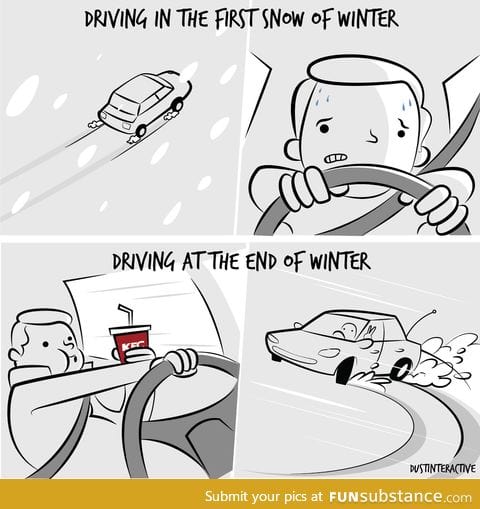 Driving in the first snow vs. Last snow of winter