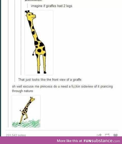 Two legged giraffe is seen prancing about