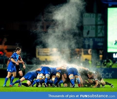On a cold day, the heat coming off a rugby scrum