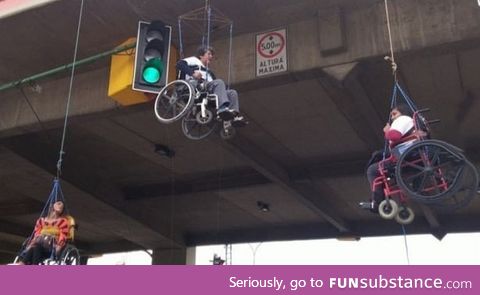 Disabled people protest hanging from bridge in Bolivia