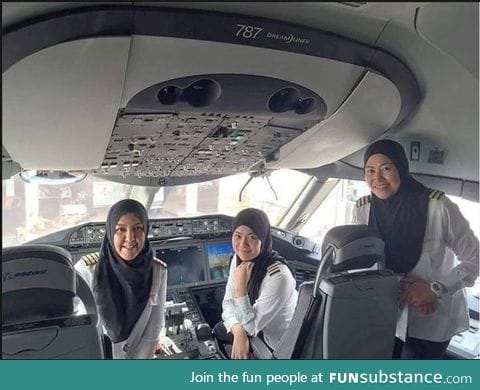 An all-female crew lands an airliner into a country they're not allowed to drive in