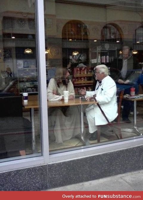 Jesus and colonel sanders have a coffee shop meeting