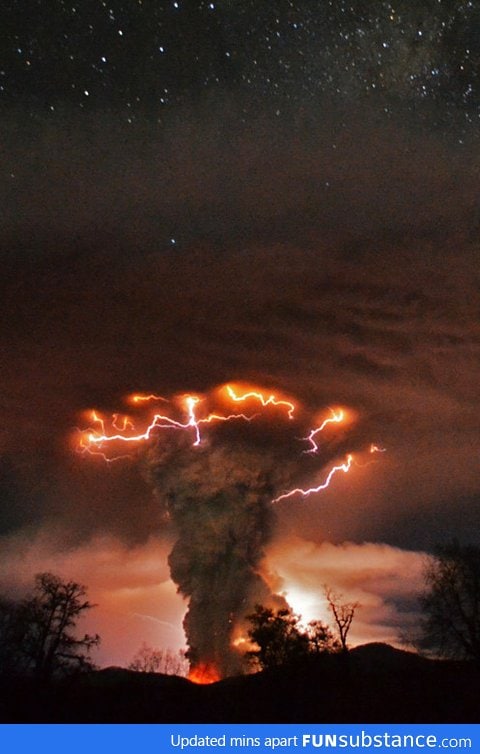 Lightning blasting down upon flumes of volcanic ash