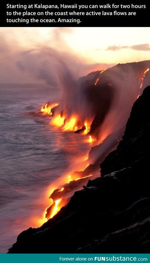 Beautiful view of lava touching the sea