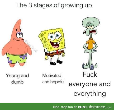 3 stages of growing up, defined with spongebob