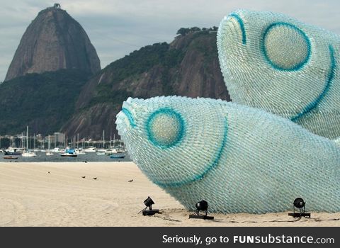 Giant fish sculptures created from discarded plastic bottles