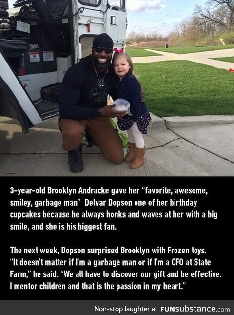 Little girl gave her birthday cupcake to her favourite garbage man