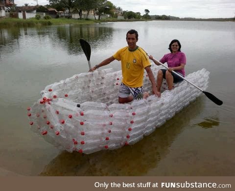 Guy makes a boat from soda bottles