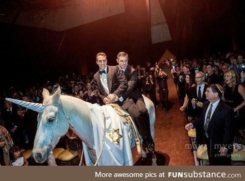here's a gay Jewish wedding were the grooms rode in on a unicorn