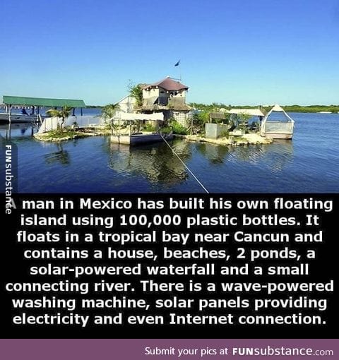 Man builds a floating island with 100,000 plastic bottles