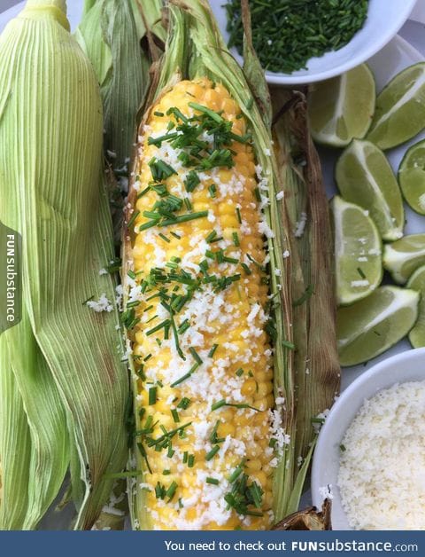 Grilled Corn on the Cob with Garlic Butter, Fresh Lime and Cotija Cheese