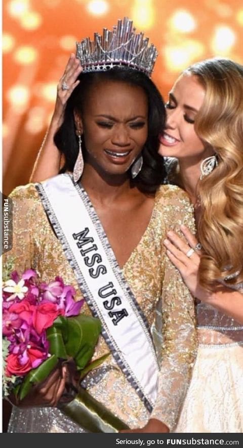 Te woman crowning Miss USA looks like any typical horror movie villain speaking to their c