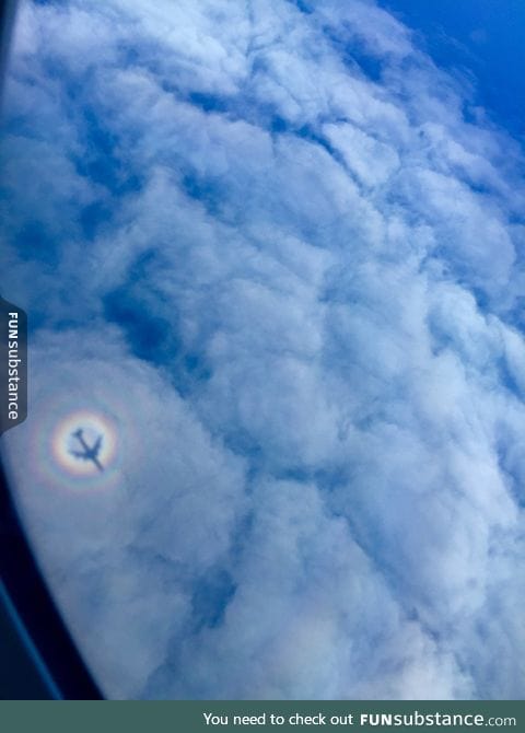 Plane creates a rainbow stamped shadow of itself on the clouds below