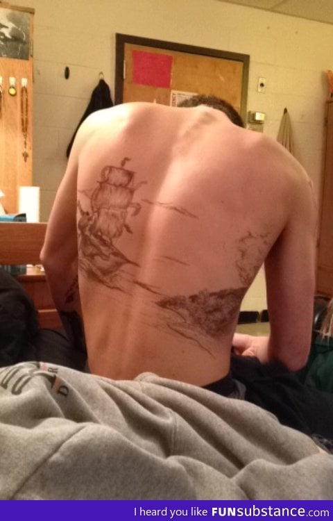 I give you my friends drawing on my roommates back (in ink)