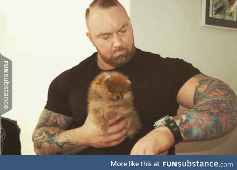 This very large man has a very little puppy and it's adorable.