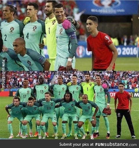 A ball boy sneaked into the Portugal team photo tonight in their game against Wales