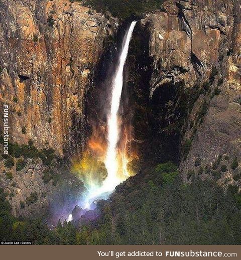 Waterfall in Yosemite turns rainbow when the sun strikes it from certain angles